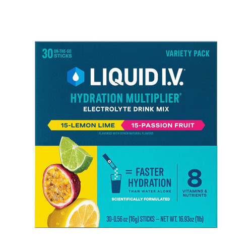 Liquid I.V. Hydration Multiplier Electrolyte Powder Variety Pack, Lemon Lime and Passion Fruit, 30 pk – front of package