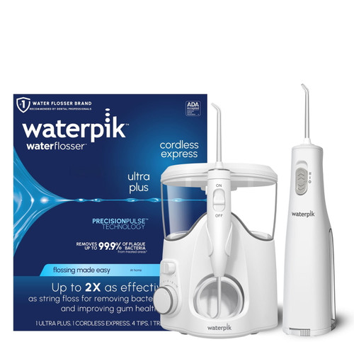 Waterpik Ultra Plus and Cordless Express Water Flosser – front of package