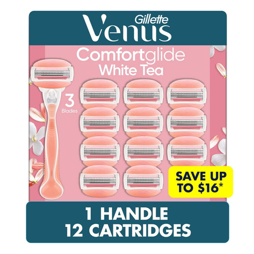 Venus Comfortglide Women's Razor Handle + 12 Cartridges, White Tea – front of package
