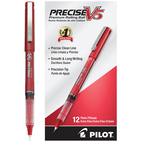Pilot Precise V5 Roller Ball Precision Point Stick Pens, Extra-Fine, Red, 12 ct – front of package