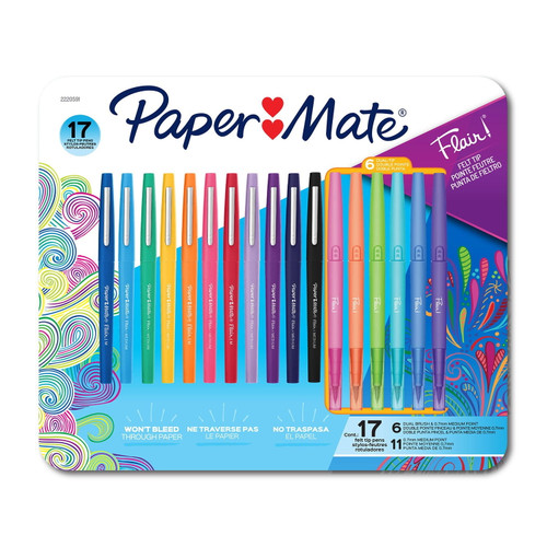 Paper Mate Flair Felt Tip Pens, Medium and Dual-Brush Tip, Assorted Colors, 17 count – front of package