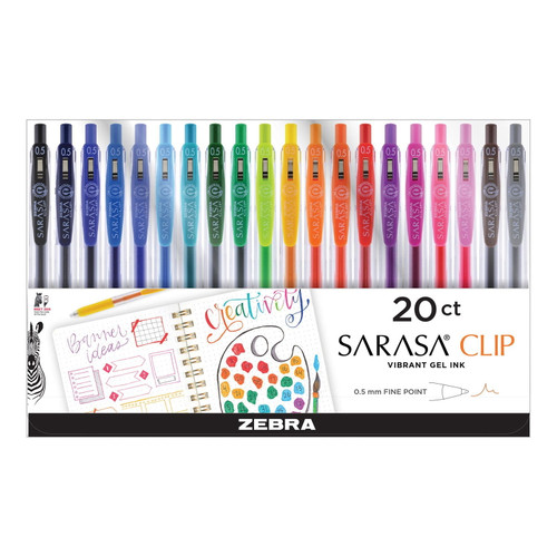 Zebra Pen Sarasa Clip Gel Retractable Pens, Fine Point 0.5mm, Assorted Colors 20 pack – front of package