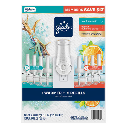 Glade PlugIns Scented Oil, Sky & Sea Salt with Coastal Sunshine Citrus, 1 Warmer + 9 Refills – front of package