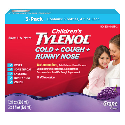 Children's Tylenol Cough + Cold + Runny Nose Liquid, Grape, 3 x 4 fl oz