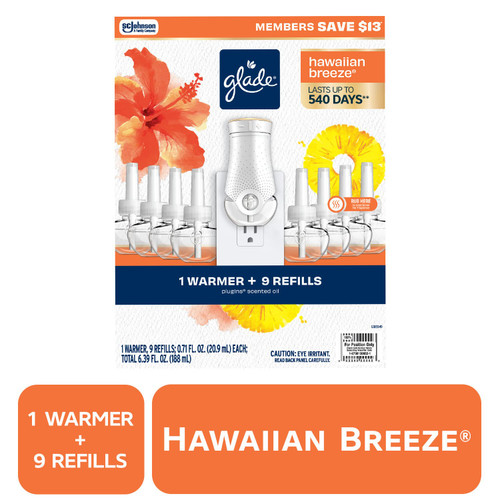 Glade PlugIns Scented Oil, Hawaiian Breeze, 1 Warmer + 9 Refills – front of package