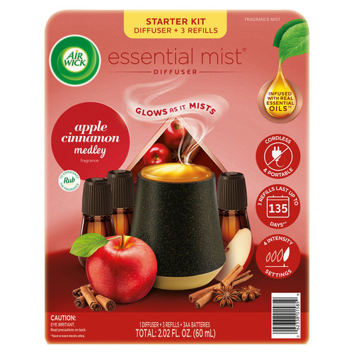 Air Wick Essential Mist Cordless Oil Diffuser Kit, Apple Cinnamon Medley, 1 Diffuser + 3 Refills – front of package