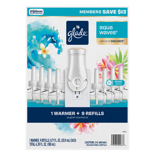 Glade PlugIns Scented Oil, Aqua Waves, 1 Warmer + 9 Refills – front of package