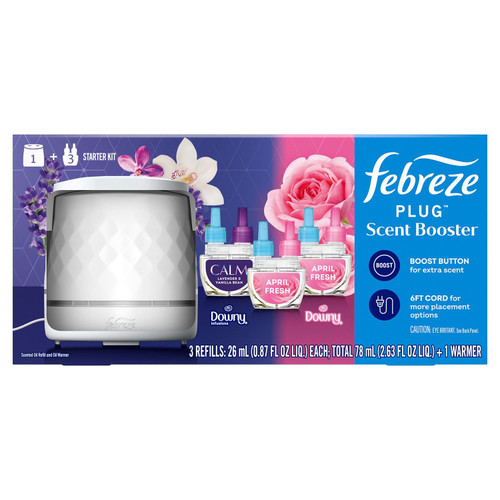Febreze PLUG Scent Booster Kit, CALM Lavender + Vanilla Bean and April Fresh, 1 Device + 3 Refills – front of package