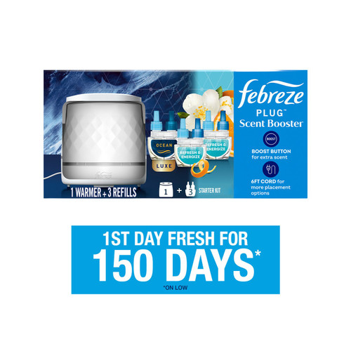 Febreze PLUG Scent Booster, Scented Oil Starter Kit, Warmer + 2 Refresh & Energize + 1 Ocean Refills – front of package