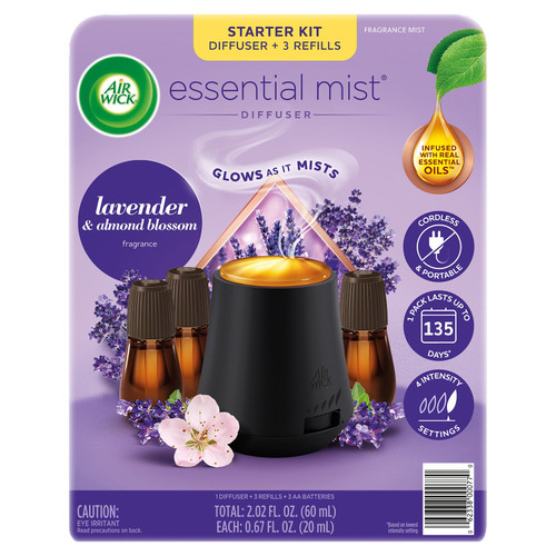 Air Wick Essential Mist Cordless Oil Diffuser Kit, Lavender & Almond Blossom, 1 Diffuser + 3 Refills – front of package