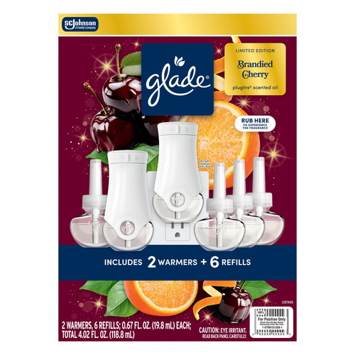 Glade PlugIns Scented Oil Air Freshener, Brandied Cherry, 4.02 fl oz, 2 Warmers + 6 Refills – front of package