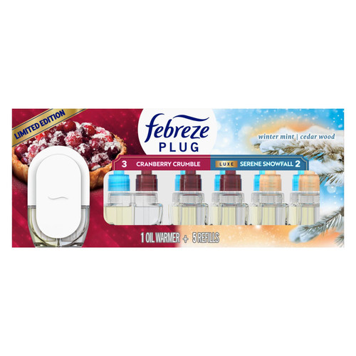 Febreze PLUG Air Freshener, Cranberry Crumble & Serene Snowfall, 1 Warmer + 5 Refills, 4.35 fl oz – front of package