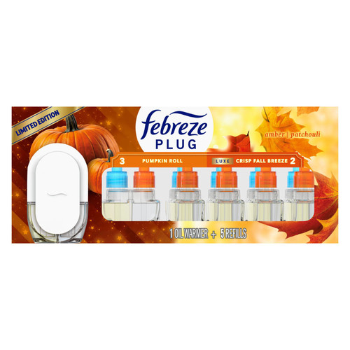 Febreze PLUG Air Freshener, Pumpkin Roll & Crisp Fall Breeze, 1 Warmer + 5 Refills, 4.35 fl oz – front of package