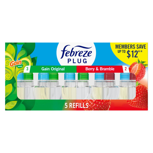 Febreze Plug Air Freshener, Gain Original + Berry & Bramble, 5 Refills, 4.35 fl oz – front of package