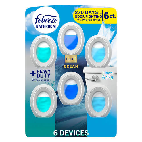 Febreze Bathroom Air Freshener, Citrus Breeze Heavy Duty + Ocean + Linen & Sky, 6 ct – front of package