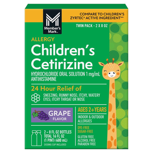 Member's Mark Children's Cetirizine Hydrochloride All Day Allergy Oral Solution, Grape Flavored, 8 fl oz, 2 pk – front of package
