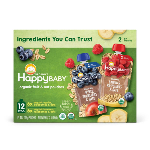 HappyBABY Organics Clearly Crafted Fruit & Oat Pouches, Variety Pack, 12 ct, 4 oz – front of package