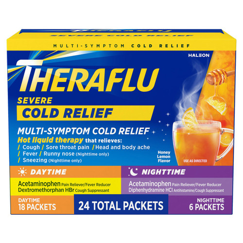 Theraflu Severe Cold Relief Hot Liquid Powder, Lemon Ginger Honey, 24 Packets
