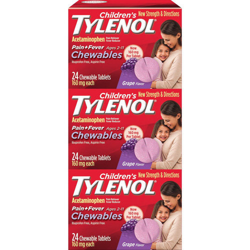 Children's Tylenol Chewable Tablets with Acetaminophen, Grape, 24 ct, 3 pk – front of package