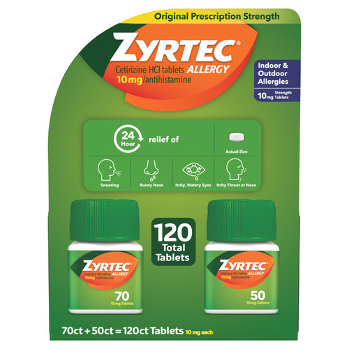 Zyrtec 24 Hour Allergy Tablets, Cetirizine HCl 10 mg, 120 Count