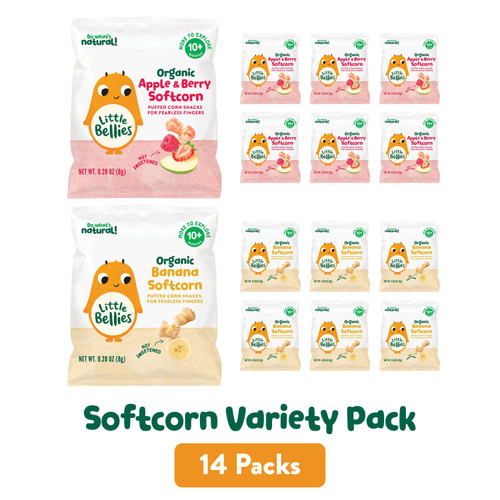 Little Bellies Organic Softcorn Variety Pack, Banana, Apple, & Berry, 0.28 oz, 14 ct – front of package