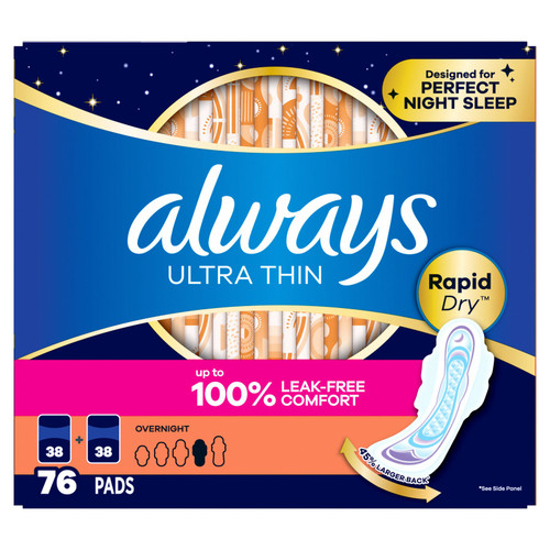 Always Ultra Thin Advanced Overnight Pads with Wings, 76 Count