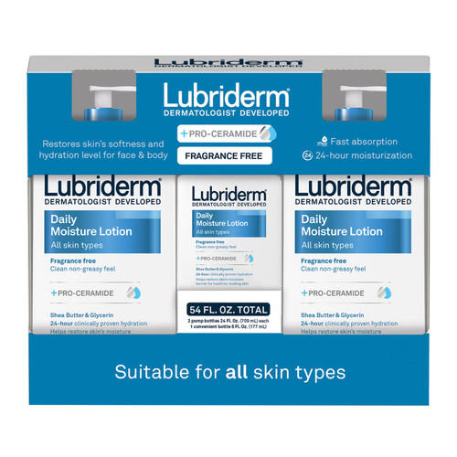 Lubriderm Daily Moisture Lotion, Fragrance Free, 2 x 24 fl oz + 6 fl oz Travel Size