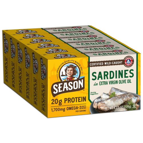 Season Brand Bone-In Sardines in EVOO, 4.375 oz, 6 pk – front of package