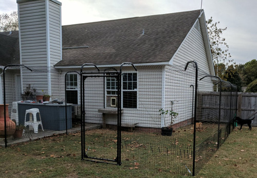A backyard with a cat fence.