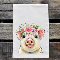 White Pig w/Colorful Flowers Kitchen Towel White Pig w/Colorful Flowers Kitchen Towel