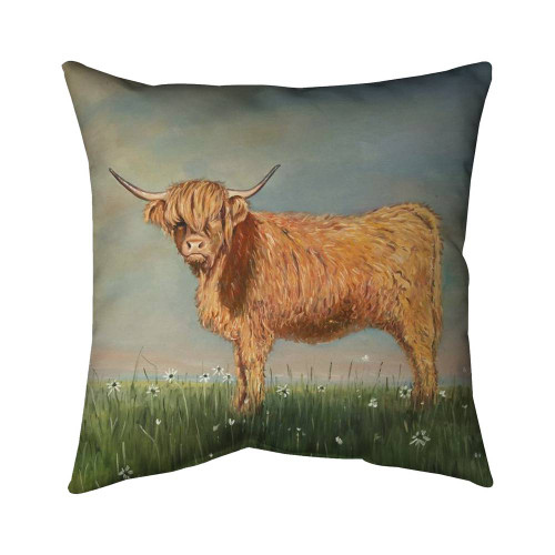 Highland Cow in Daisy Field Throw Pillow