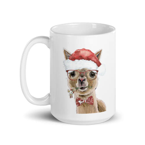 Alpaca Christmas Mug - with Santa Hat & Bow Tie