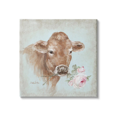 Pink Rose Brown Cow Canvas Art
