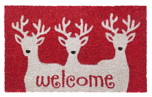 White Reindeer on Red Welcome Doormat