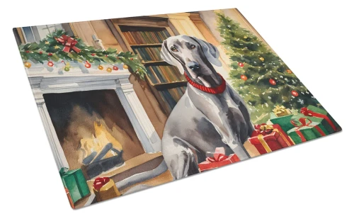 Cozy Christmas Weimaraner Glass Cutting Board