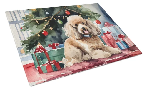 Cozy Christmas Poodle Glass Cutting Board - Apricot