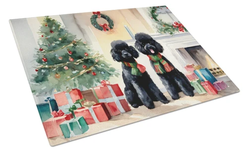 Cozy Christmas Poodle Glass Cutting Board - Black