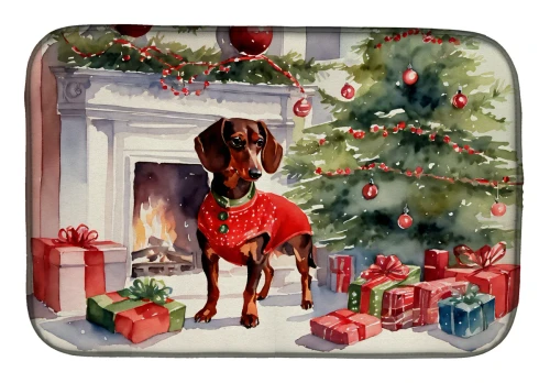Cozy Christmas Dachshund Dish Drying Mat - Red