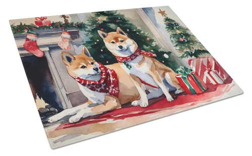 Cozy Christmas Shiba Inu Glass Cutting Board
