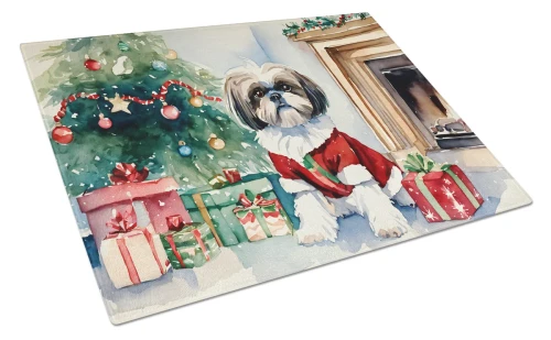 Cozy Christmas Shih Tzu Glass Cutting Board