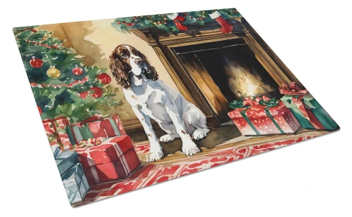Cozy Christmas Springer Spaniel Glass Cutting Board - English
