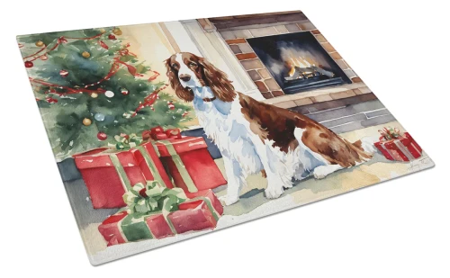 Cozy Christmas Springer Spaniel Glass Cutting Board - Welsh