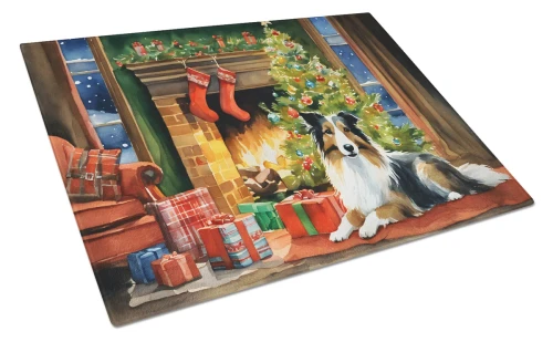 Cozy Christmas Sheltie Glass Cutting Board