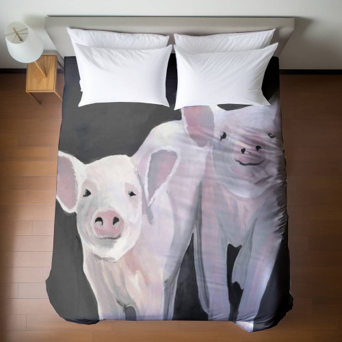 Pink Pigs on Black Duvet Cover - Queen