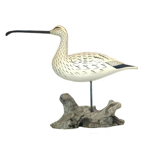 Wood-Carved Curlew Shorebird Sculpture