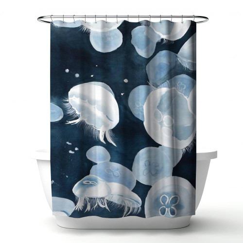 White Jellyfish on Blue Shower Curtain