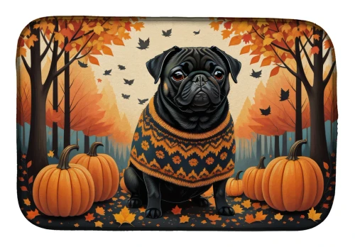 Golden Fall Pug Dish Drying Mat - Black