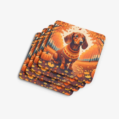 Golden Fall Dachshund Coaster Set - Red