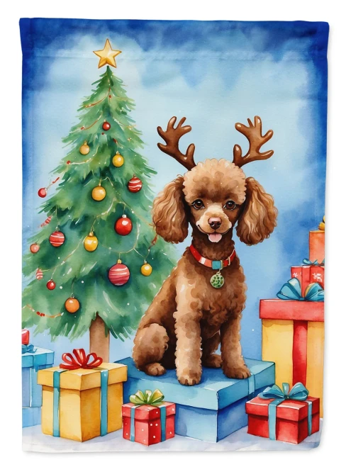 Holiday Reindeer Poodle House Flag - Chocolate