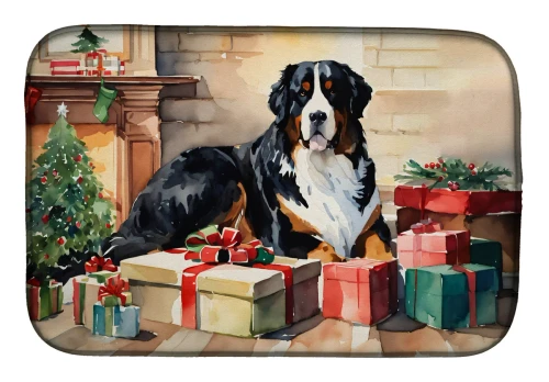 Christmas Bernese Mountain Dog Dish Drying Mat